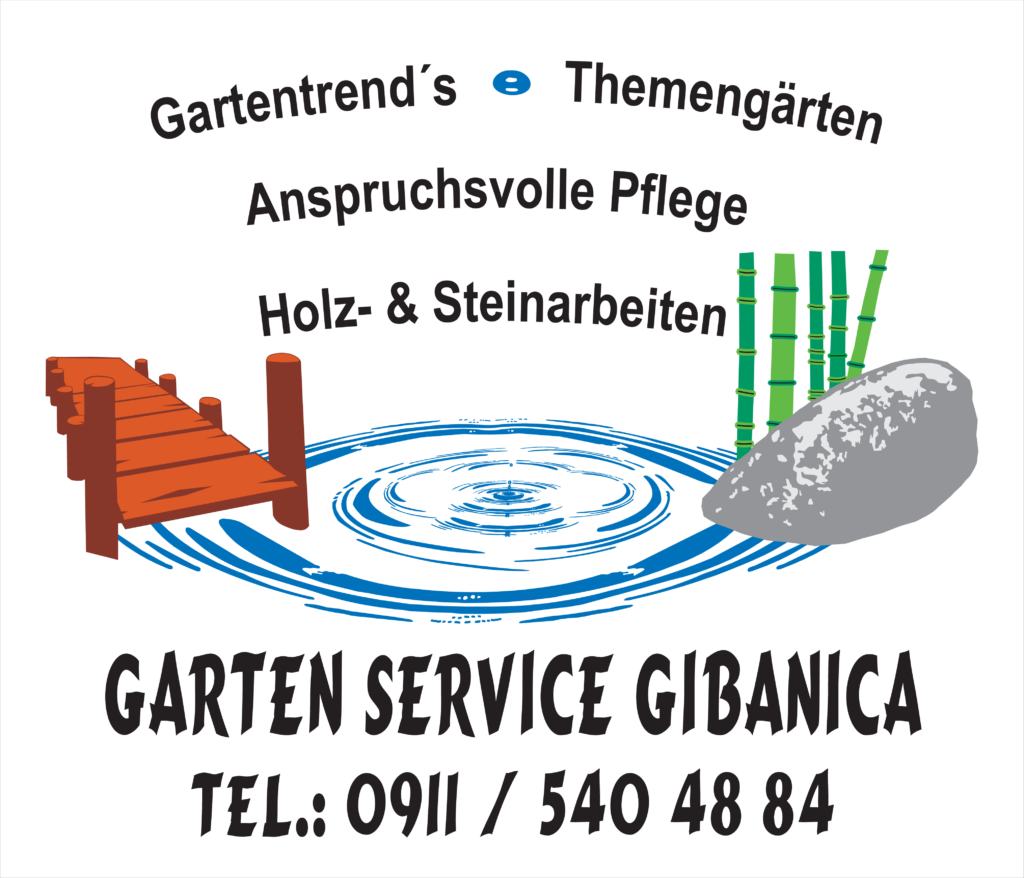 Plakat für Gartendienst mit Holzbrücke, Wasser, Stein und Bambus, aufgelistet Serviceleistungen.